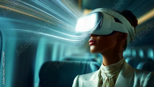 A Woman Engaged in an Immersive Virtual Reality Experience While Traveling, Showcasing Cutting-Edge Technology and Innovative Design in an Airplane Setting