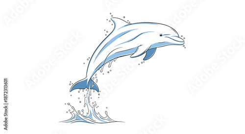 Graceful dolphin jumping out of the water with realistic splashes, illustrated in a clean blue and white style on white background.