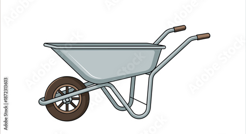 Classic metal wheelbarrow with a single rubber tire and two handles, illustrated in a clean vector style for construction or gardening.