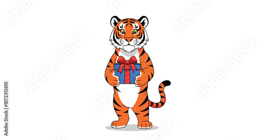 Friendly cartoon tiger character standing on its hind legs and holding a blue gift box wrapped with a red ribbon and bow.