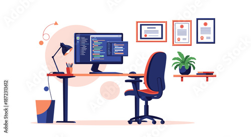 Modern home office workspace design featuring a desk with a computer monitor showing code, an ergonomic chair, and decor items.