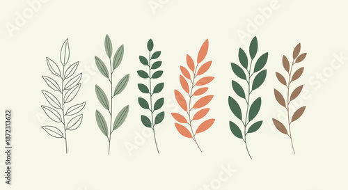 Collection of six different leaf and branch illustrations in shades of green, orange, and brown, arranged in a row on cream background.