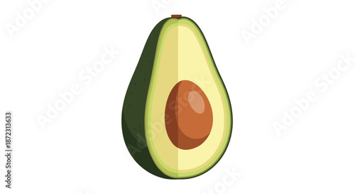 Half of a ripe avocado showing the large brown pit in the center, illustrated in a realistic flat style on a white background.