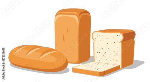 Assortment of fresh bread products including a whole loaf, a sliced loaf, and a crusty baguette, isolated on a white background.