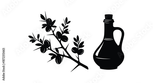 Black silhouette of a branch with argan fruits and a traditional oil jar, representing natural beauty or cosmetic products on white.