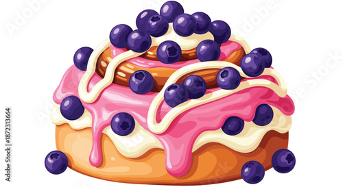 Delicious cinnamon roll pastry topped with pink icing, white cream, and a generous amount of fresh blueberries on white background.