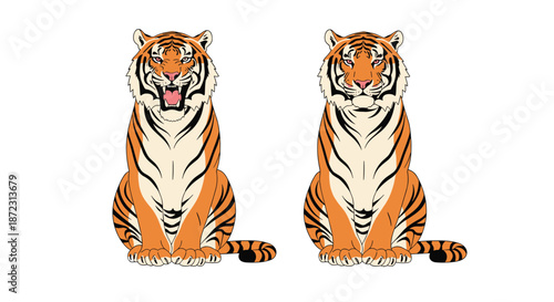 Pair of stylized orange tigers sitting side by side with one growling and the other with a neutral expression on white background.