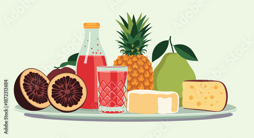 Still life composition of healthy fruits including pineapple and pomegranate juice with cheese on a light green background.
