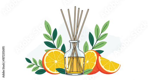 Essential oil bottle with wooden reeds surrounded by fresh orange slices and green leaves for aromatherapy and relaxation.