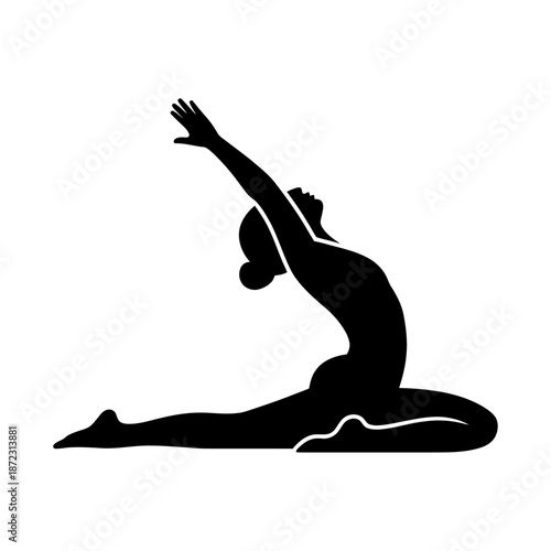 yoga silhouette of a person stretching in a graceful backbend pose with relaxed posture in black and white
