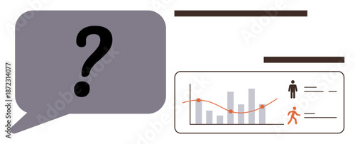 Decision-making, business insights, communication, analytics, user trends, data visualization. A speech bubble with a question mark alongside a graph and user icons. Decision-making and business