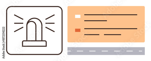 Emergency response, notification systems, public safety, warnings, alerts, road systems. Outline of a siren with rays and a notification interface next to a road stripe. Emergency response