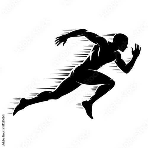 sprinter silhouette in dynamic running pose with motion blur effect depicting speed and power in black and white
