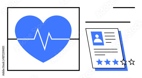 Blue heart with electrocardiogram line conveys health, next to a profile card with stars for user reviews. Ideal for healthcare, rating systems, user feedback, reliability, personal data, wellness