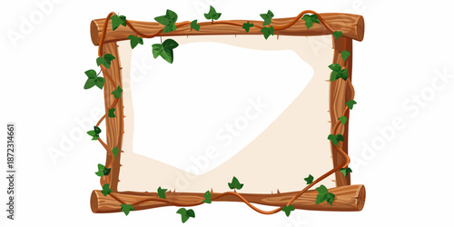 A rustic wooden frame adorned with lush green vines and foliage