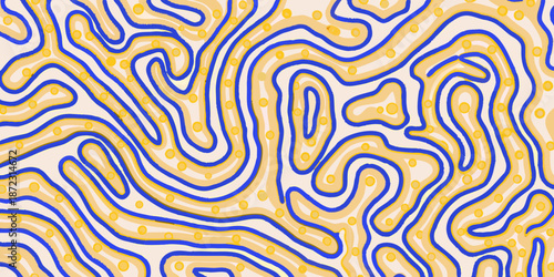 Abstract topographic map with flowing lines and scattered dots in warm tones