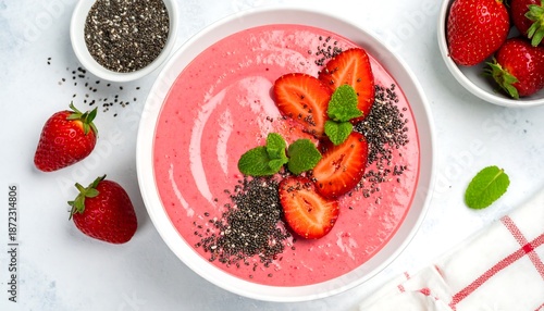 Delicious Strawberry Smoothie Bowl Topped with Fresh Berries and Chia Seeds.