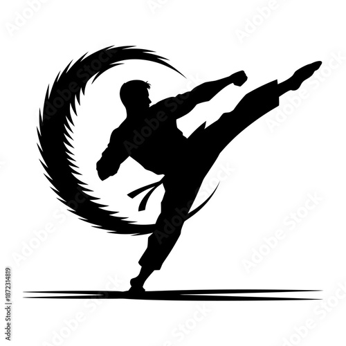 martial artist silhouette executing powerful high kick with dynamic motion and circular design in black and white