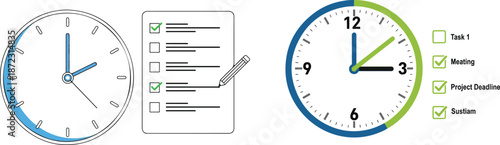 Time management and task planning icons with clock and checklist