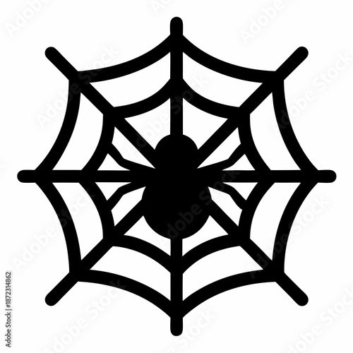 Black and white silhouette of spider on its intricate web structure