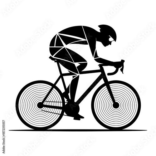 cyclist silhouette riding bike in dynamic motion with geometric design