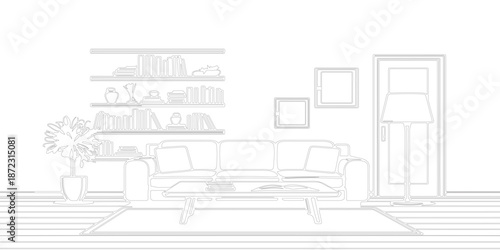 sketch of the interior of the room or line art vector of modern seamless geometric abstract interior design.