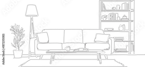 interior of living room with sofa and shelves, interior of living room with furniture or sketch art silhouette vector of interior home design.	