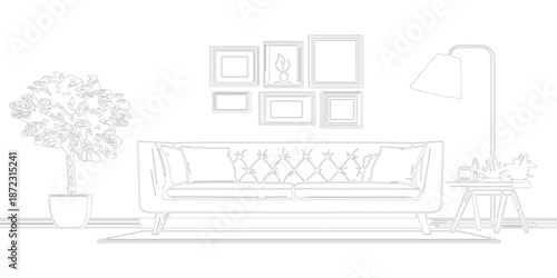 interior of living room with furniture or sketch art silhouette vector of interior home design.