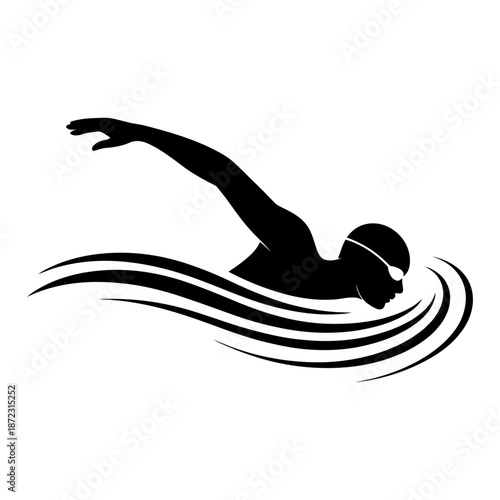 swimmer silhouette performing freestyle stroke with water motion design in black and white