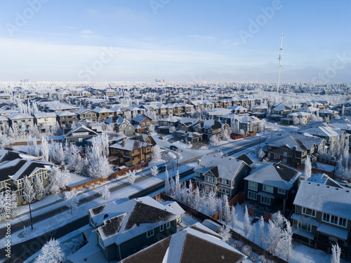 Aerial view of a Calgary residential area on a freeezing winter day.