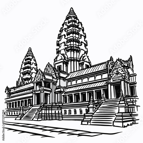 Detailed Vector Illustration of the Ancient Stone Temple Ruins at Angkor Wat Cambodia Landmark