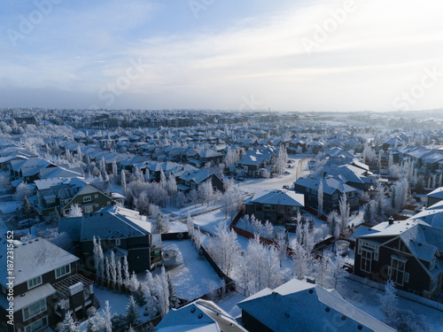 Aerial view of a Calgary residential area on a freeezing winter day.