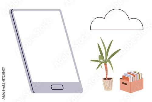 Digital storage, organization, workplace setup, minimalism, productivity, technology tools. Smartphone, cloud outline potted plant documents in a box. Digital storage and organization concept