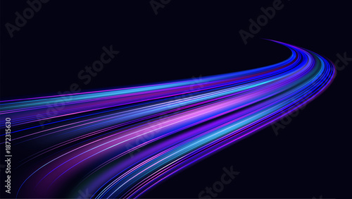 Dynamic glowing neon light streaks curving through dark space, representing high-speed fiber optic internet, big data transfer, and futuristic digital connectivity.