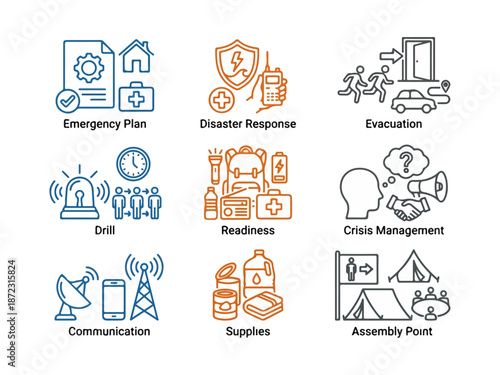 Emergency preparedness and safety icons set for diverse applications