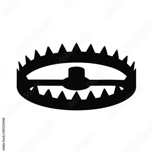 Black silhouette of a menacing bear trap on a white background