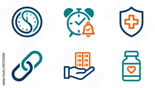 Health and time icons set for healthcare and medical concepts