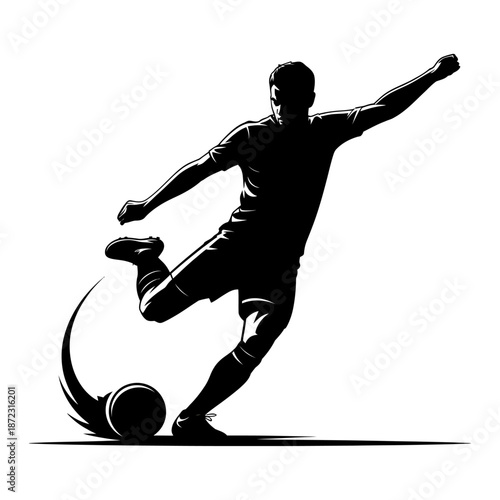 black silhouette of a soccer player performing a powerful kick on a football with dynamic action pose, showcasing athleticism and strength in motion
