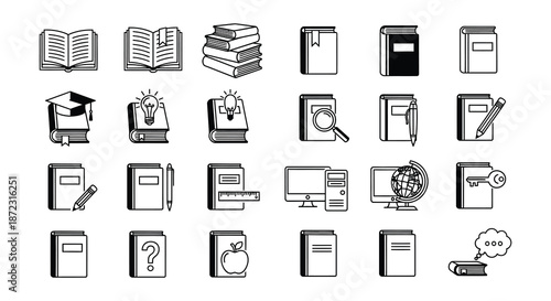 Collection of black silhouette icons representing education knowledge and learning concepts