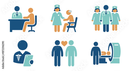 Medical icons healthcare professionals patient care and diagnostic procedures