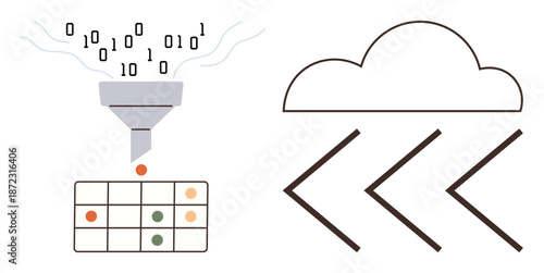 Data analysis, cloud storage, information filtering, digitization, machine learning, technology. Binary code entering a funnel to a grid alongside a cloud icon. Data analysis and cloud storage