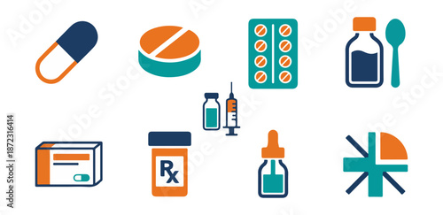 Medical icons pills bottles syringes and healthcare symbols on black background