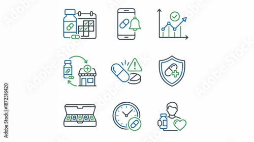 Medical icons pills calendars smartphones charts and health concepts