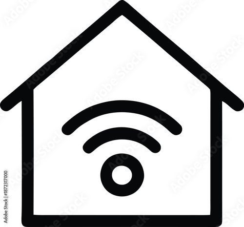 Simple black and white icon of a house with a wifi signal inside