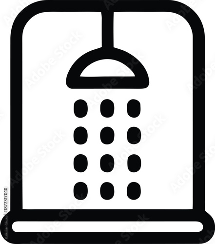 Simple black and white line drawing of a shower stall with a showerhead