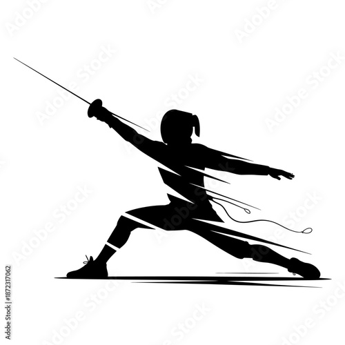 black silhouette of a fencer performing a powerful lunging attack with foil in dynamic motion showcasing athleticism and strength in a competitive action pose