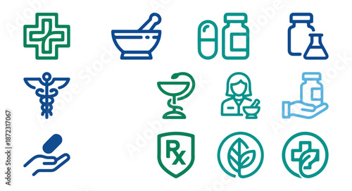 Pharmacy and medicine icon set in green and blue