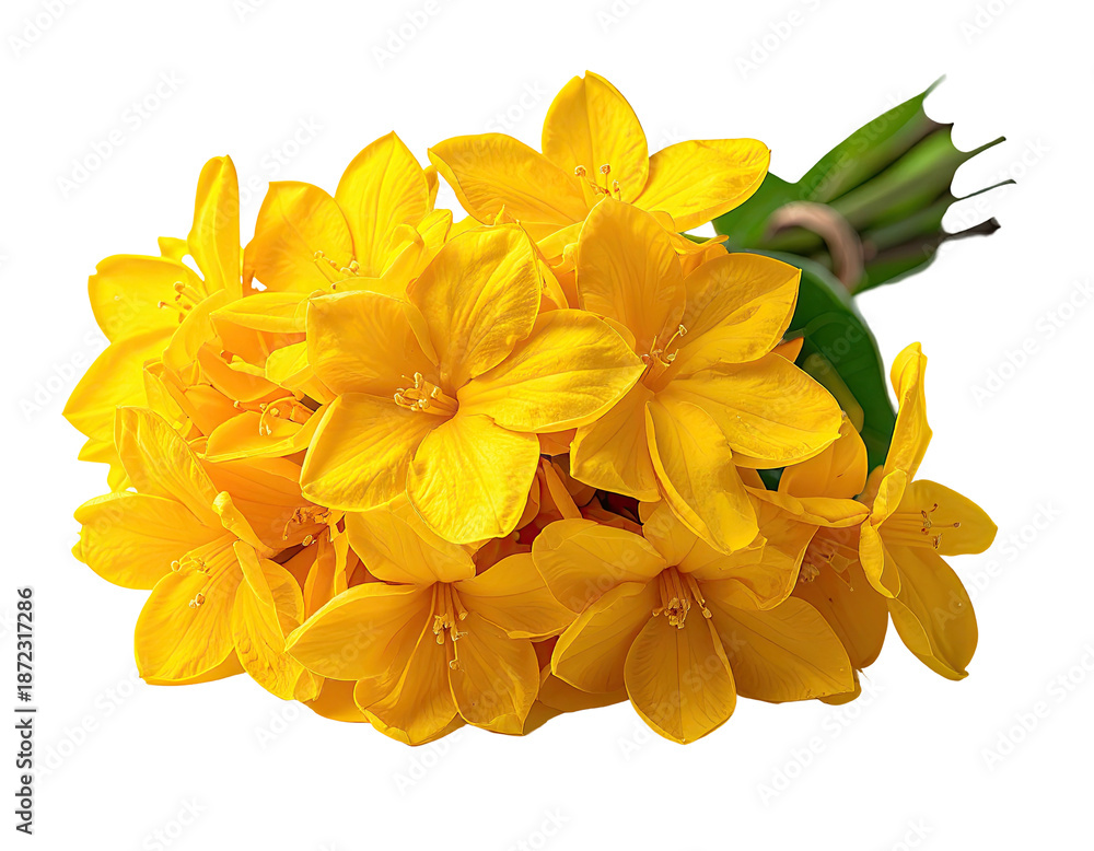 Obraz premium Close-up of a bouquet of bright yellow flowers tied together with twine, isolated on black