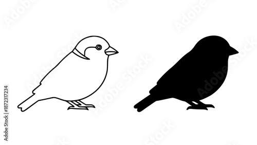 A line drawing of a bird next to its solid black silhouette on white background with illustration and graphic with icon