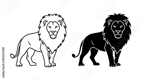 Black and white line art illustration of two lions standing side by side in outline and solid fill styles with mane
